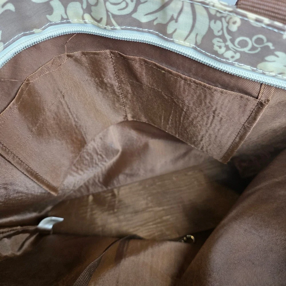 Emilie Sloan Seattle Tote Bag Taupe Cream Damask Floral‎ PVC Zipper Shoulder Bag